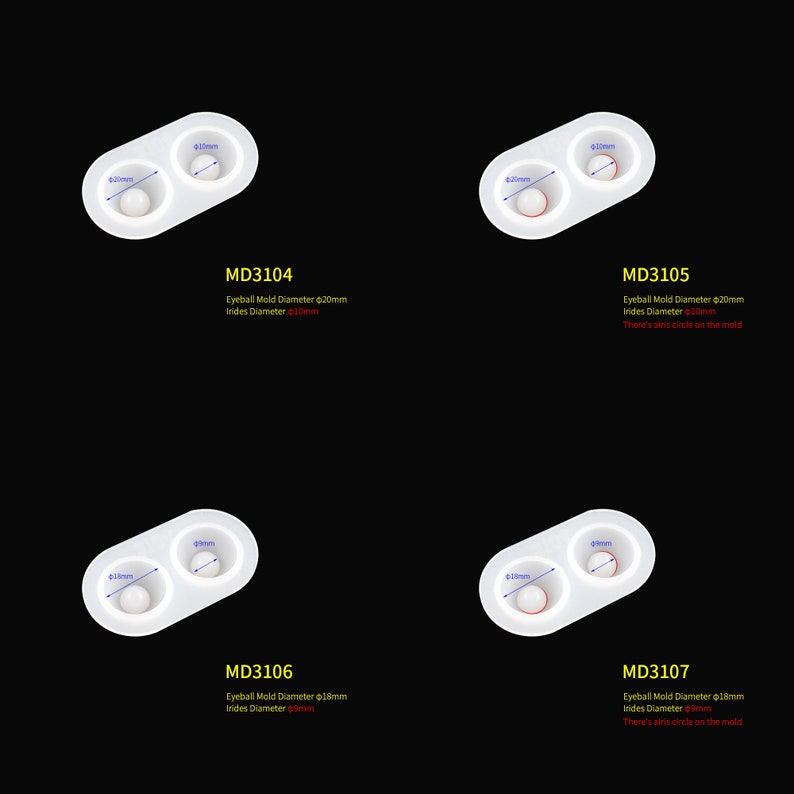 Puede incluir: Cuatro moldes de silicona blanca para hacer ojos. Cada molde tiene dos cavidades, una con un di&aacute;metro de 20 mm y la otra con un di&aacute;metro de 10 mm. Los moldes est&aacute;n etiquetados como MD3104, MD3105, MD3106 y MD3107.