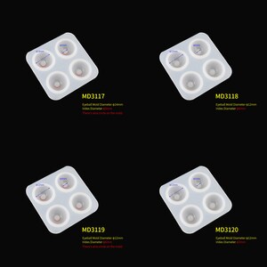 Puede incluir: Cuatro moldes de silicona transparentes para hacer manualidades de resina con forma de globo ocular. Cada molde tiene cuatro cavidades, con un c&iacute;rculo m&aacute;s peque&ntilde;o dentro de cada cavidad. Los moldes est&aacute;n etiquetados con el c&oacute;digo del producto y las medidas en mil&iacute;metros. MD3117: Di&aacute;metro del molde para globo ocular 14 mm, di&aacute;metro del iris 5 mm. MD3118: Di&aacute;metro del molde para globo ocular 12 mm, di&aacute;metro del iris 5 mm. MD3119: Di&aacute;metro del molde para globo ocular 12 mm, di&aacute;metro del iris 5 mm. MD3120: Di&aacute;metro del molde para globo ocular 12 mm, di&aacute;metro del iris 5 mm.
