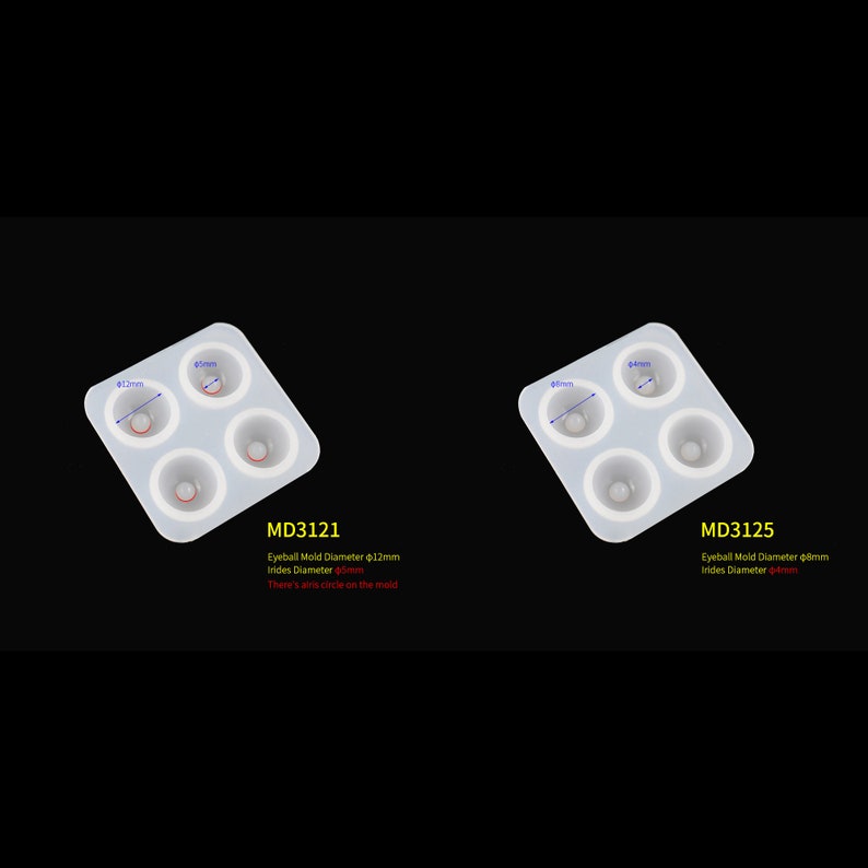 Puede incluir: Dos moldes de silicona blanca para hacer ojos. El molde de la izquierda tiene cuatro cavidades, cada una con un di&aacute;metro de 12 mm. El molde de la derecha tiene cuatro cavidades, cada una con un di&aacute;metro de 8 mm. Ambos moldes tienen un c&iacute;rculo m&aacute;s peque&ntilde;o dentro de cada cavidad, que representa el iris.