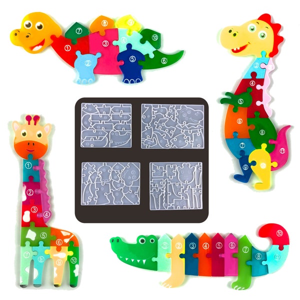 4 pcs set, Puzzle Silicone Resin Mold, Jigsaw puzzle for children Resin Mold, Epoxy Resin, Crocodile, Tyrannosaurus, Giraffe, Turtle F767