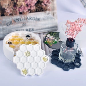 Honeycomb Coaster Silicone Resin Mold With Holder, Honeybee Coaster Holder Mold,  Molds for Gifts Making, Epoxy Resin Mold F1231