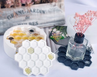 Molde de resina de silicona para posavasos con forma de panal y soporte, molde para posavasos con forma de abeja, moldes para hacer regalos, molde de resina epoxi F1231