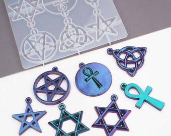 Molde de resina para pendientes con colgante, molde de silicona para pendientes con pentagrama, collar con colgante de pentagrama, molde de resina para colgante con insignia, manualidades de bricolaje F409