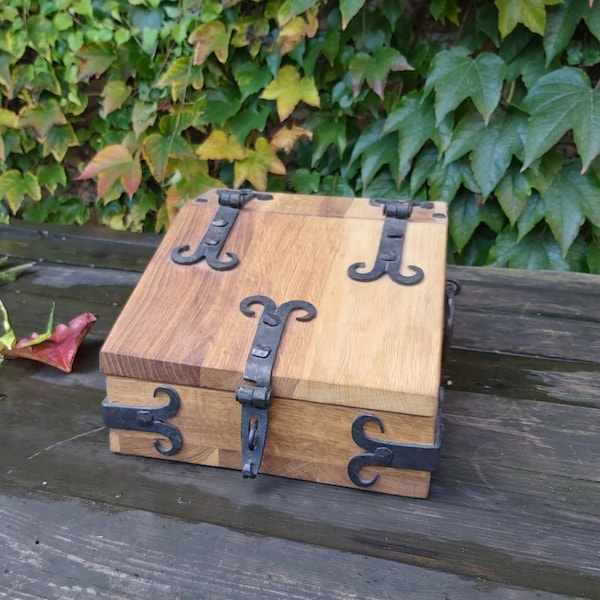 Wooden cash register box, stylish box, historical counter box, oak wood chest with steel forged handles, historical reenactment, reco box.