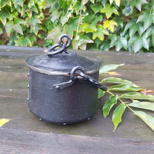 Puede incluir: Una pequeña olla de metal negro con tapa, asa y remaches decorativos. La olla está sobre una superficie de madera desgastada, con follaje verde en el fondo. La olla mide aproximadamente 10 cm de diámetro y 7,6 cm de altura.