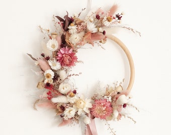 Couronne murale de fleurs séchées rose/blanc décoration vintage poétique