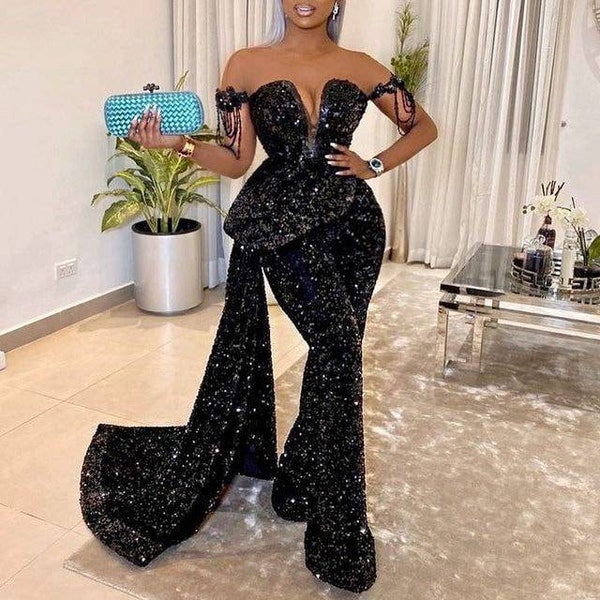 Black Mermaid Evening dress, Women Evening Dresses, Long Sleeves Sequined Dress, Side Split Robe De Soiree, mermaid dresses, Black prom dres