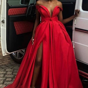 Red prom dress, Satin evening dresses, African clothing for women, African party dress, African clothing, African clothing, Ankara clothing