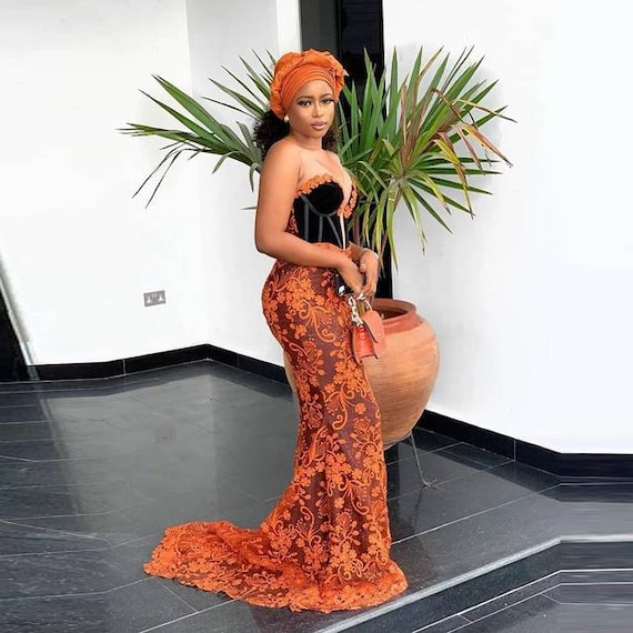 Buy Orange Lace Mermaid Dress Aso Ebi Dress Back Lace up Dress African Lace Dress African Wedding Dress Prom Dresses Mermaid Wedding Dress Online in India Etsy