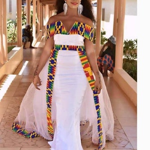 White wedding dress, Kente, Kente wedding dress, African party dress, dresses for Africa, African wax print, African dress for ladies