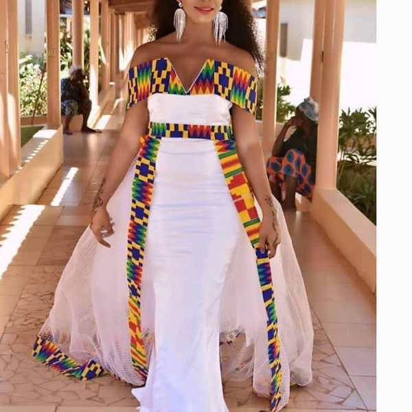 White wedding dress, Kente, Kente wedding dress, African party dress, dresses for Africa, African wax print, African dress for ladies