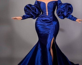 Reception blue dress, Royal blue evening dresses, off shoulder evening dress, mermaid gown, blue prom dress, engagement gown, wedding gown