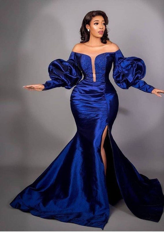 Ready Stock-Elegant 2023 New Royal Blue Evening Dress with Long Sleeves  Prom Gown A-Line Wedding Party Dress Robe de Soiree | Lazada PH