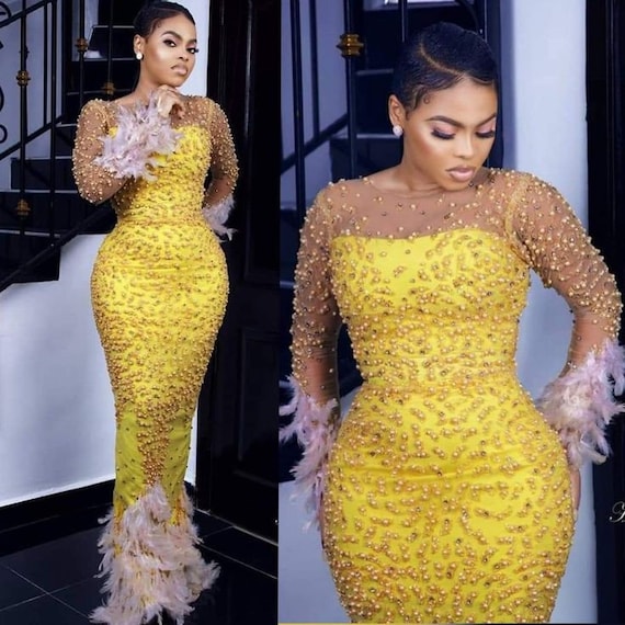 Sexy Beaded Yellow Mermaid Prom Dresses Sheer Beaded Pearls - Etsy