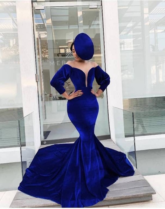 Royal Blue Velvet Dress Mermaid Evening 