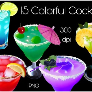 May include: Five colourful cocktails with various garnishes and decorations. The cocktails are in different glasses and include a blue, green, red, yellow, and purple drink. The image includes the text "15 Colorful Cocktails" and "300 dpi".