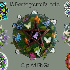 May include: A set of 18 digital clip art images featuring pentagrams with butterflies and floral designs. The images are in PNG format. 18 Pentagrams Bundle Clip Art PNGs