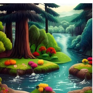 River Flowers Printable Colorful Folk Art, Woods, Cabin, River, Creek, Print-at-Home, Printable, Download, PNG, PDF, Sublimation, High Res