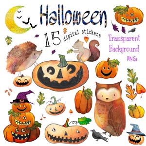 May include: A set of 15 digital Halloween stickers featuring watercolor illustrations of pumpkins, owls, squirrels, hedgehogs, and bats. The stickers have a transparent background and are perfect for adding a touch of whimsy to your Halloween projects.