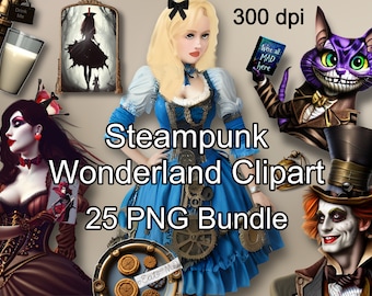 May include: A digital clipart bundle featuring 25 steampunk-themed Wonderland characters and objects. The characters include Alice, the Mad Hatter, the Cheshire Cat, and the Queen of Hearts. The objects include a teacup, a clock, and a key. The clipart is ideal for creating invitations, cards, and other crafts.