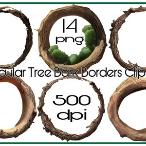 May include: A set of 14 circular tree bark borders, perfect for adding a natural touch to your designs. The borders are 500 dpi and come in PNG format.