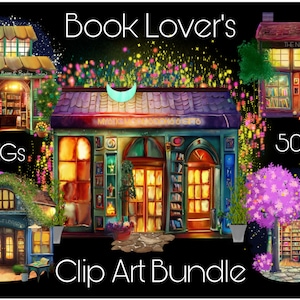 以下が含まれることがあります： 幻想的な書店が12点描かれたデジタルクリップアートバンドル。光る窓と魔法のようなディテールが特徴です。画像は、星と月が輝く暗い背景に配置されています。画像の下部には「Book Lover's Clip Art Bundle」というテキストがあります。画像の左上には「12 PNGs」というテキストがあります。画像の右上には「500 dpi」というテキストがあります。