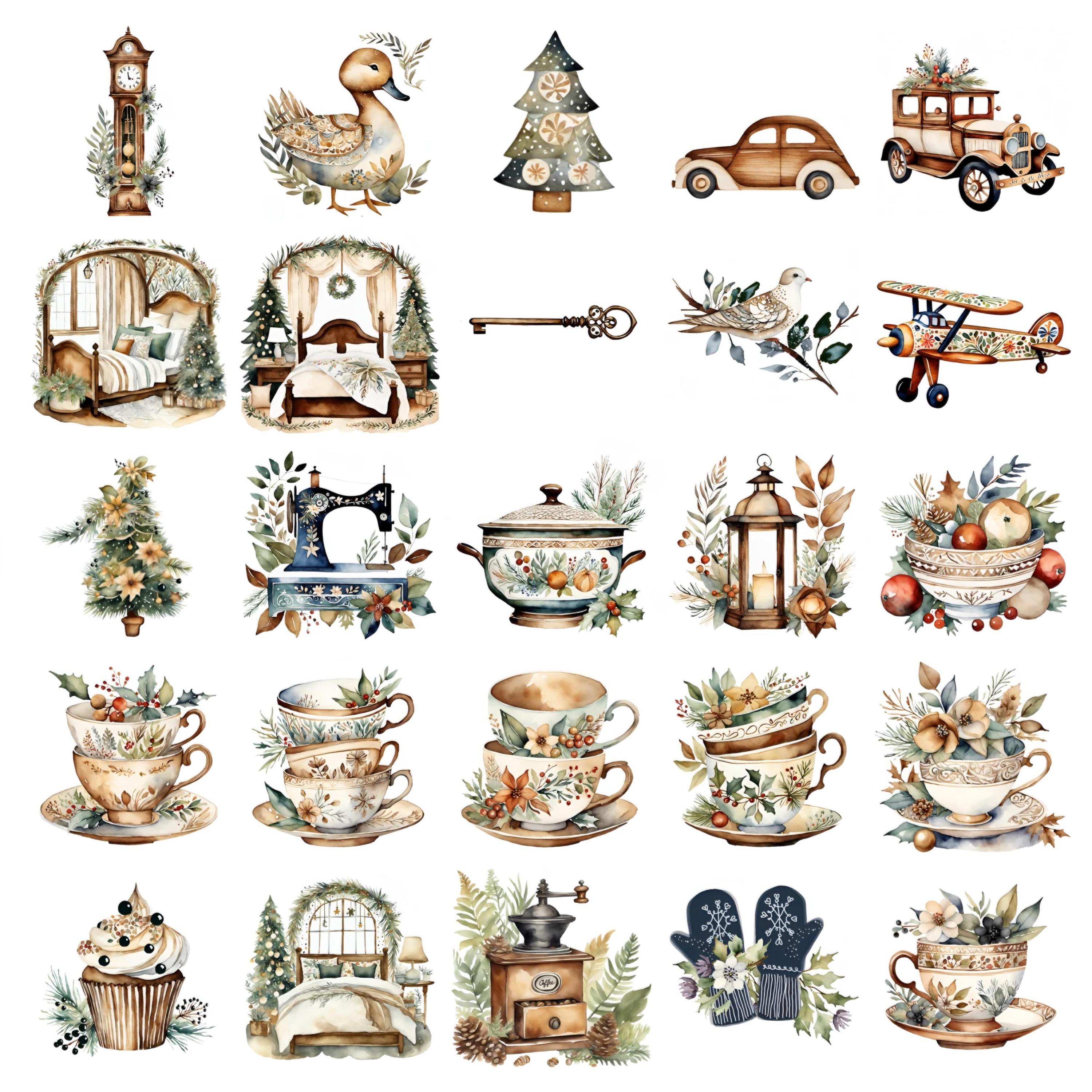 Vintage Rustic Christmas Clipart PNG Bundle, Homespun Holiday Scrapbook ...