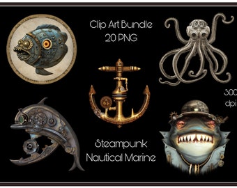 Nautical Marine Steampunk Bundle, Clipart PNG, Ocean Sublimation, Commercial Use Sticker, Sea Art, Octopus, Whale, Shark, Jellyfish, Dolphin