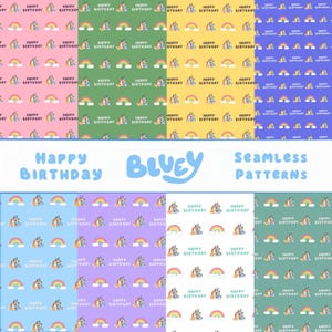 Blauwe hond verjaardag naadloos digitaal papier - schattige bingo en blauwe levendige achtergronden, regenboog, pizzameisjes, trendy blauw heeler-cartoonpatroon