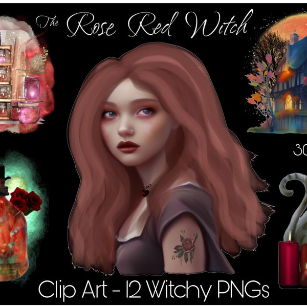 Best Witch Clipart, Rose Red Sorceress PNG, Sublimation, Commercial Use, Apothecary, Geode, Potion, Cat, Magic, Wiccan, Pagan, Crystal Ball