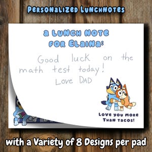 Cute Blue Heeler & Bingo Lunchbox Notes Soothe back-to-school jitters, Personalized Popular Trending Cartoon Blue Dog Lunch Notes for Kids