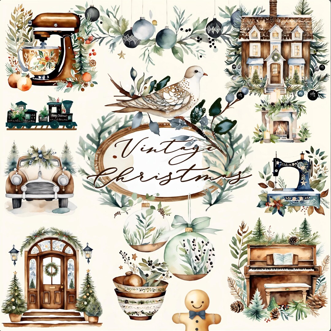 Vintage Rustic Christmas Clipart PNG Bundle, Homespun Holiday Scrapbook ...