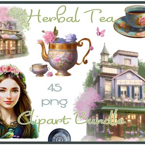 Puede incluir: Un paquete digital de clipart de 45 imágenes con una tienda de té de ensueño, una mujer con una corona de flores, una tetera, tazas de té y mariposas. Las imágenes son de 300 dpi y perfectas para proyectos de manualidades.