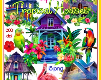 Tropical Clipart, watercolor house png, sublimation, tiki hut, Caribbean, Hawaii, Polynesian art, planner, beach, summer vacation, Goodnotes