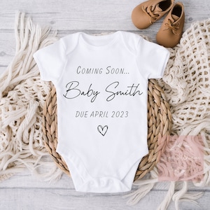 Baby Announcement | Personalised Coming Soon | Family Surname | Due date | Vest, Sleepsuit, Romper, Bib Babygrow | Baby Due | Pregnancy Gift