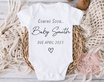 Baby Announcement | Personalised Coming Soon | Family Surname | Due date | Vest, Sleepsuit, Romper, Bib Babygrow | Baby Due | Pregnancy Gift