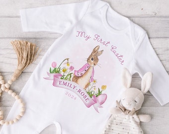 Personalised Baby First Easter Outfit | Flopsy Rabbit Peter | My 1st Easter | Vest, Sleepsuit, Romper, Bib Babygrow | Beatrix Potter | Girl