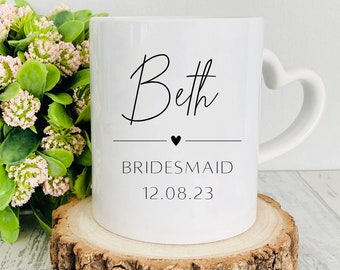 Personalised Wedding Party Mug | Bride to be Gift | Heart Handle Coffee Mug | Proposal Gift | Bridesmaid | Maid of Honour | Wedding Role