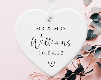 Mr & Mrs Wedding Gift | Personalised | Ceramic Heart Plaque | Hanging Gift | Wedding Day | Bride Groom | Keepsake Decoration | Anniversary