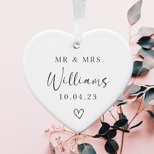 Mr & Mrs Wedding Gift | Personalised | Ceramic Heart Plaque | Hanging Gift | Wedding Day | Bride Groom | Keepsake Decoration | Anniversary