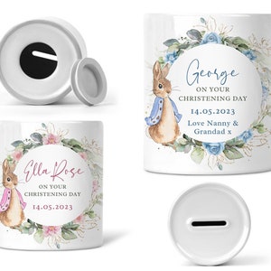 Personalised Money Box Ceramic Christening Keepsake Peter Rabbit Boy & Girl Gift New Baby Gift First Birthday Flopsy Rabbit image 1