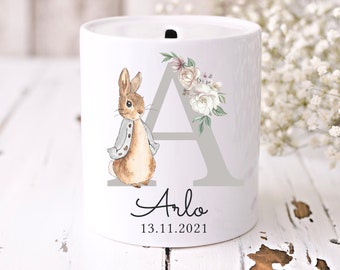 Personalised Money Box | Ceramic | Christening Keepsake| Peter Rabbit | Boy & Girl Gift | New Baby Gift | First Birthday | Flopsy Rabbit