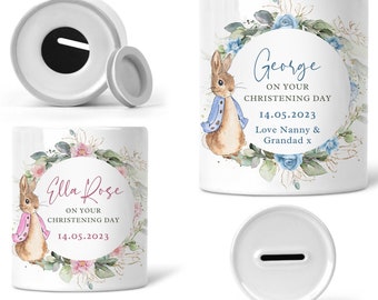 Personalised Money Box | Ceramic | Christening Keepsake | Peter Rabbit | Boy & Girl Gift | New Baby Gift | First Birthday | Flopsy Rabbit