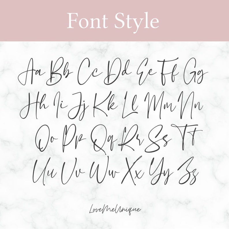 May include: A handwritten font style alphabet in black ink on a white marble background. The letters are written in a cursive style. The text "Font Style" is at the top of the image. The text "LoveMelinique" is at the bottom of the image.