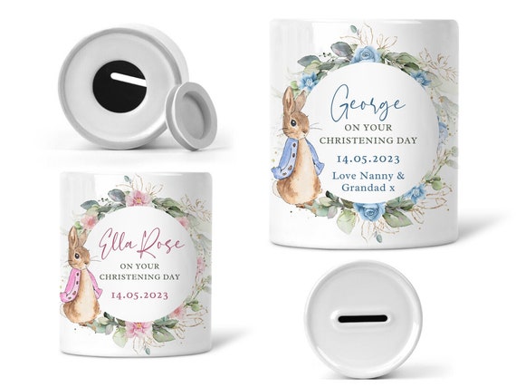 Personalised Money Box | Ceramic | Christening Keepsake | Peter Rabbit | Boy & Girl Gift | New Baby Gift | First Birthday | Flopsy Rabbit