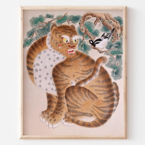 Korean Tiger Art Print, Tiger and Magpie Minhwa Painting, Asian Folk Wall Decor Download