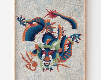 Traditional Korean Dragon Wall Art, Minhwa Folk Painting, Asian Mythology Digital Print