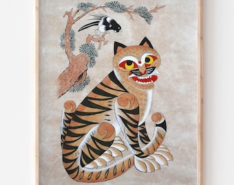 韓国の虎とカササギの版画、ムンベド絹本民芸品 - Etsy 日本