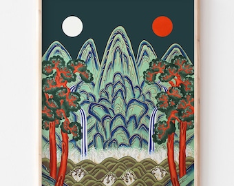 Stampa d'arte popolare coreana: paesaggio con sole, luna e cinque cime (download digitale)