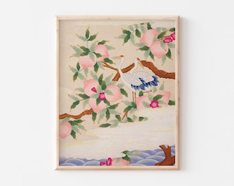 Peach and Crane, Korean painting DIGITAL DOWNLOAD, Korean traditional art